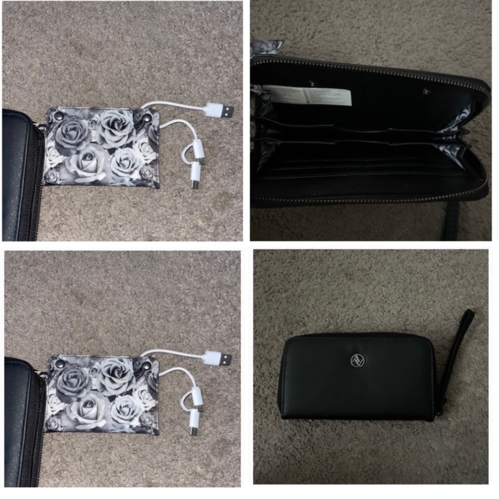 Phone charger wallet Adrienne Vittadini black leather zip around wristlet